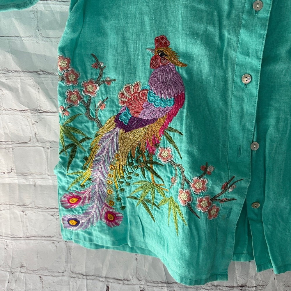 David N 100% Linen Seafoam Green Embroidered Colorful Peacock Blouse L - Picture 4 of 12